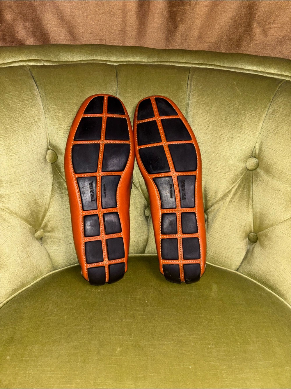Prada Mens Saffiano Leather Slip On Driving Loafer Orange Tan Men's Size 7 - Picture 9 of 13